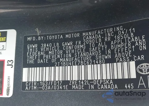 2011 Toyota Corolla S from USA, damaged, VIN 2T1BU4EE7BC621480